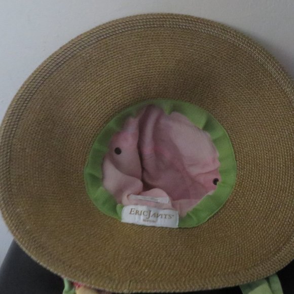 ❤️ERIC JAVITS Floral Tie Back Straw/Raffia and Cloth Hat Sz Small Packable - Picture 5 of 5